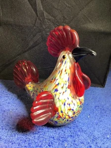 Vintage Hand Blown Multicolored Speckled Rooster Figurine Red Comb & Wattle - Picture 1 of 8