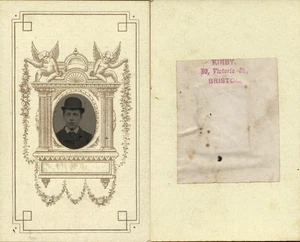BRISTOL TINTYPE CDV MAN BOWLER HAT IN DECORATIVE MOUNT WITH CHERUBS #D4376 - Picture 1 of 3