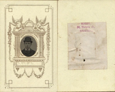 BRISTOL TINTYPE CDV MAN BOWLER HAT IN DECORATIVE MOUNT WITH CHERUBS #D4376 - Image 1 of 3