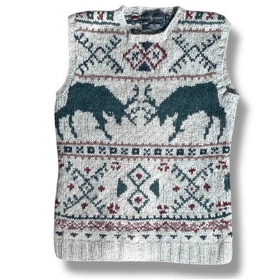Vintage 90s Ralph Lauren Hand Knit Wool V-Neck Sweater Vest Nordic Elk Small - Image 1 of 4