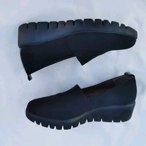 WONDERS Sz 7 Or 38 Black Fabric Leather Trim Flat form Wedge Slip On Shoes - Picture 1 of 9