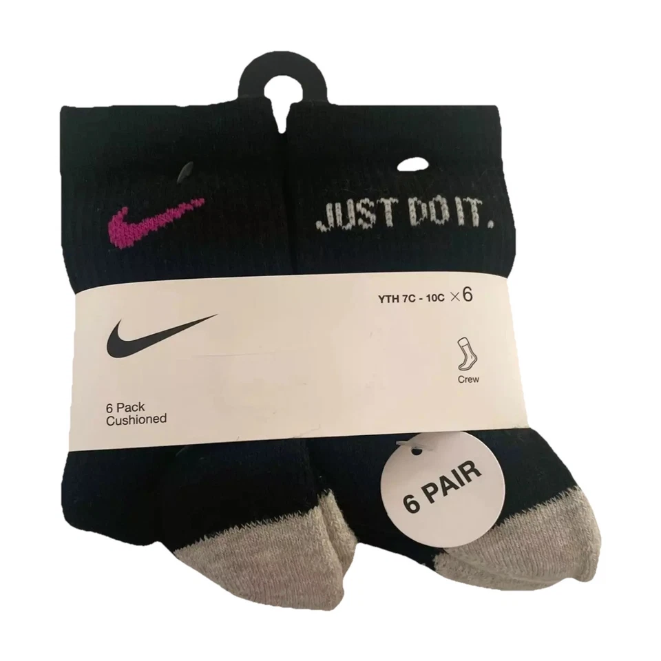 NIKE Girls Kids Cushioned Crew Socks 6 Pairs YTH 7C-10C Black Multi