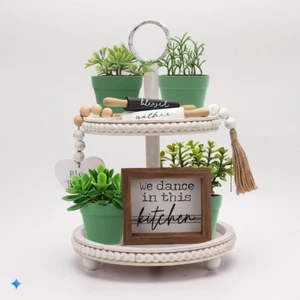 2 Tiered Tray Stand with 4Pcs Tiered Tray Decor, Two Tiered Serving Tray Stand f - Picture 1 of 12