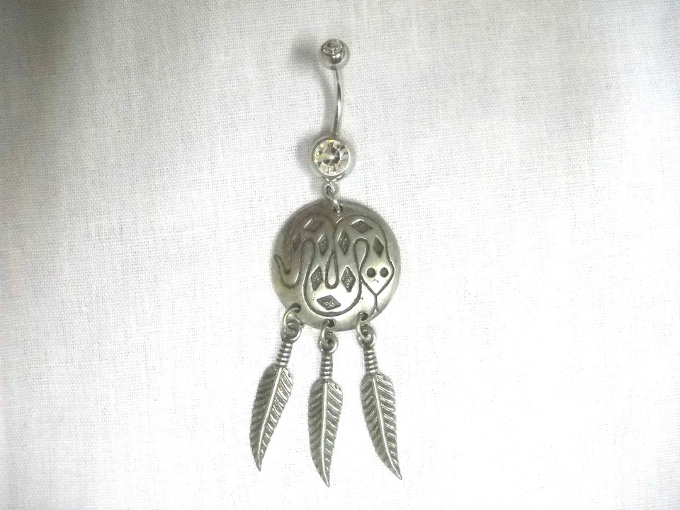 LONG PEWTER SERPENT SNAKE DREAM CATCHER w 3 FEATHERS on 14g BELLY RING BARBELL  - Image 1 of 1