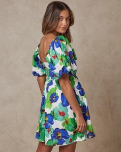 Aere Puff Ball Linen Dress 14 US 10 Floral Green Blue White Yellow - Bild 1 von 24