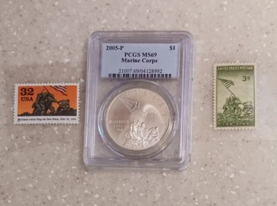 2005-P PCGS MS69 | SILVER - Marine Corps Comm. Dollar & 2 stamps - Image 1 of 4