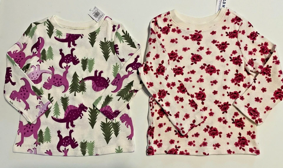 旧海军 18-24 个月花卉恐龙女孩长袖保暖上衣 X 2 — 第 1/1 张图片