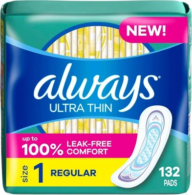 Always Ultra Thin Pads without Wings, Size 1, Regular, 132 Count (3 Packs of 44) - Image 1 of 4