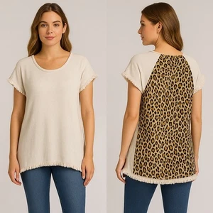 Imgee USA Fringe Hem Top Leopard Print Back Casual Tunic Tee Shirt M - Picture 1 of 7