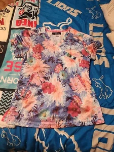 Koi Lite Scrub Top Jersey Material Sz S Floral Flowers Pink Purple, EUC! - Picture 1 of 3