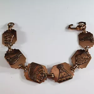 Vintage Book Chain Copper Native American  Ethic Buffalo Tee Pee Chief Bracelet - Picture 1 of 7
