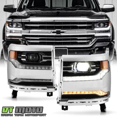 <FULL LED> 2016-2018 Chevy Silverado 1500 Chrome DRL Projector Headlights SET - Image 1 of 4