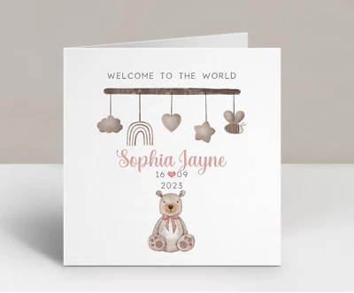 Personalised New baby Girl Card Welcome to the world Boho Neutral Baby Bear Pink - Image 1 of 2