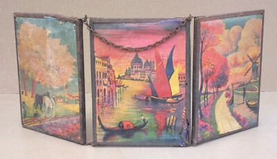Ancien triptyque miroir de barbier dos peint France Hollande Venise - Photo 1/4