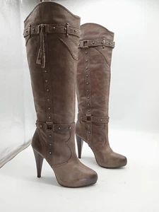 Botas para mujer Gianni Bini marrones de cuero tachonado borla tacón alto talla 9 M - Imagen 1 de 13