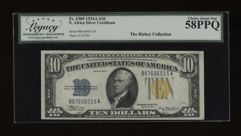 DBR 1934-A $10 North Africa Silver Fr. 2309 Legacy 58 PPQ Serial B07606515A - Image 1 of 2