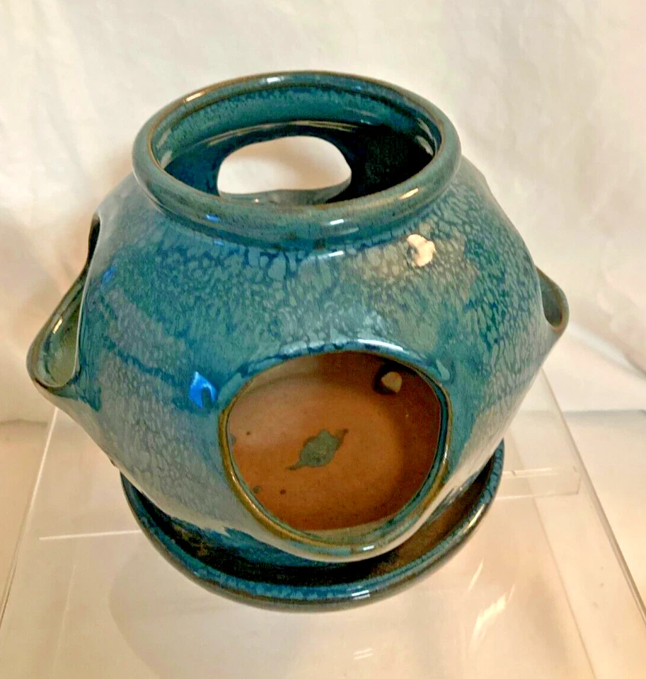 BLUEISH GREEN STONE WARE STRAWBERRY POT WITH 4 OPENINGS 7"H X 7"W X 6.5" BASE - Image 1 of 4