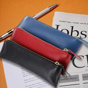 Traditional Pencil Case Real Leather Coin Zipped Tube Pouch Pens Pencils Bag New - Picture 1 of 14