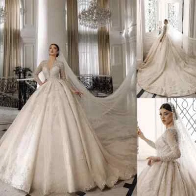 Luxury Princess Wedding Dresses V-Neck Long Sleeve Lace Applique Bridal Gowns - Image 1 of 4