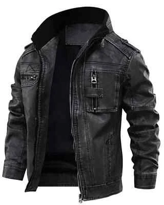 Men's Real Leather Motorcycle Distressed Biker Jacket Bomber Black Vintage Coat - Image 1 of 4