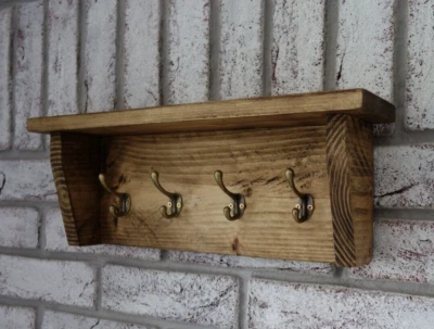 Handmade Farmhouse Rustic Wooden Coat/key Rack with shelf (Cast, Hooks) - Image 1 of 4