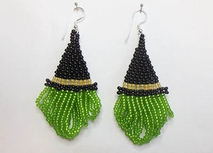 Halloween Ohrschmuck schwarzer Hexenhut mit grüne Haare, handmade, Handarbeit - Bild 1 von 3