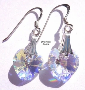 Sterling Silver Swarovski Elements CRYSTAL AB Heart Long Drop Hook Earrings +Box - Picture 1 of 7