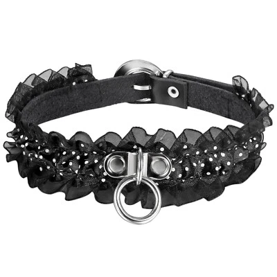 Gargantilla gótica sexy de encaje a lunares de cuero para mujer collar ajustable negro Foto 1 de 4