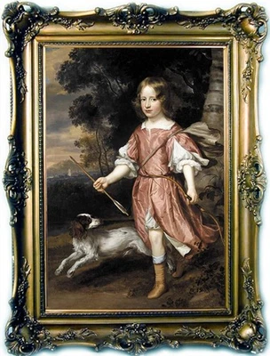 Arte de pintura al óleo antiguo maestro hecho a mano niño pequeño y perro sobre lienzo 24"X36" Foto 1 de 2