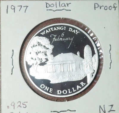 Nueva Zelanda Waitangi 1977 día un dólar prueba, KM#46a, plata .925 .8095 OZ como nuevo Foto 1 de 2