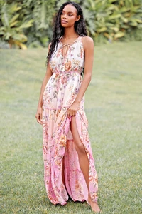 NUEVO CON ETIQUETAS VESTIDO MAXI ANTHROPOLOGIE PQ NATACIÓN CON VOLANTES EN CAPAS ROSA OMBRE LUREX FLORAL M/L - Imagen 1 de 5
