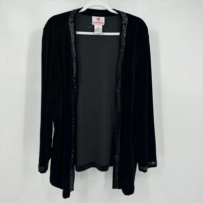Quacker Factory Womens Velvet Duster Sz 1X Black Beaded Trim Luxe Evening Jacket - Image 1 of 4