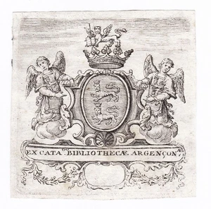 Exlibris Voyer de Paulmy d'Argenson Ambassador blason gravure 18e bookplate - Imagen 1 de 1