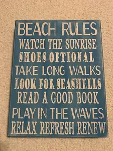NEW- Beach Rules Wooden Box Sign 14" x 11" Coastal Decor - Picture 1 of 3