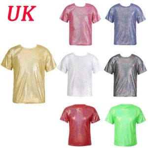 AU Girls Boys Shiny Metallic T-shirts Sequined Jazz Dance Tops Dancewear Costume - Picture 1 of 66