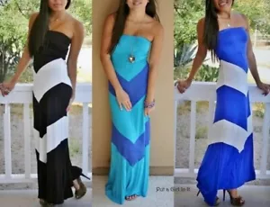 USA New Womens BLACK BLUE CHEVRON STRAPLESS BOHEMIAN MAXI DRESS BOHO S M L - Picture 1 of 1