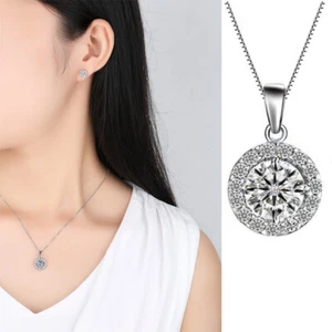 Sparkling 925 Sterling Silver 7mm CZ Halo Pendant Chain Necklace Women Gift - Picture 1 of 7