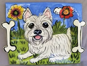 Bandeja de cerámica artística de estudio firmada para perros Westie Terrier asas de hueso 12 5/8" X 9 3/4" - Imagen 1 de 6