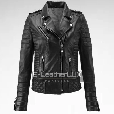 Nueva chaqueta de cuero para motociclista negra 100 % piel de oveja suave para mujer Foto 1 de 4