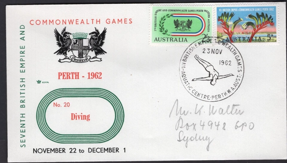 DEPORTE 1962 Perth Commonwealth Games Australia Set Cubierta Real TABLERO PISCINA DE BUCEO Foto 1 de 1