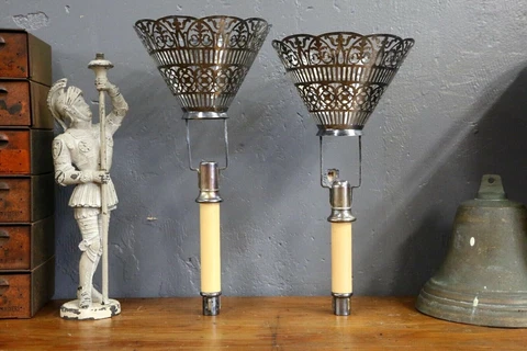 Antique Candlestick Church lamps Lights set of 2 Gothic umbrella sconce VTG Cover