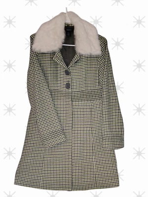 Arden B Coat Preppy Green Dots Wool Blend Tweed Removable Fur Collar Sz Medium - Image 1 of 4