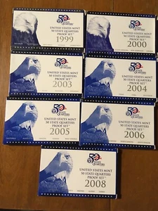 7 united states mint 50 state quarters proof sets: 1999, 2000, 2008, 2003, 2004 - Picture 1 of 4