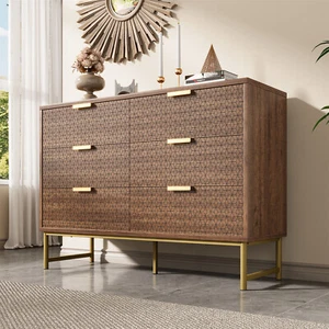Embossed Design 6 Drawer Chest of Drawers, Walnut for Bedroom Sideboard Cabinet - Picture 1 of 12