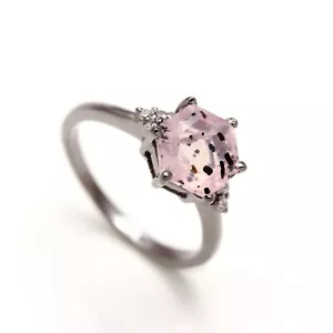AAA++ Pink Dot Quartz Hexagon Ring Solid Silver Black Oxidized Birthday Jewelry - Picture 1 of 11