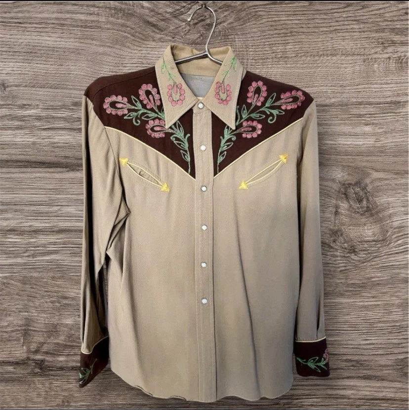 Camisa Vintage Verdadeira 1940’s California RanchWear Cowboy Western Pearl Snap Tamanho 16 - Imagem 1 de 4