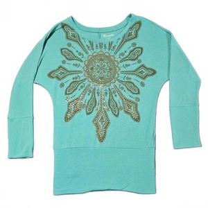 Wrangler Womens Teal Large Embellished Decorative Western Shirt 3/4 Sleeve Rodeo - Picture 1 of 7
