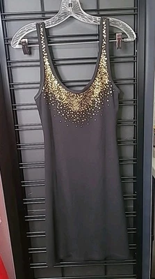 Moda International Tank Dress Size M Y2K VTG Gold Sequins On Black Knit - Image 1 of 4