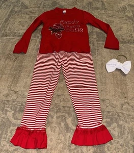 Girls Christmas Outfit W/ Bow Sz 4 Toddler Red White Stripe Shirt Pants - Picture 1 of 5