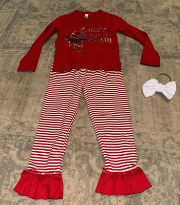 Niñas Conjunto de Navidad con Lazo Talla 4 Niño Pequeño Rojo Blanco Rayas Camisa Pantalones Foto 1 de 4